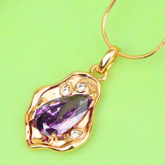 "Elegant Purple Teardrop Pendant in Gold Plated Frame, XPPT1734 - Picture 1 of 13
